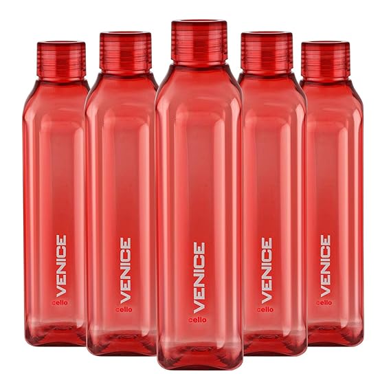 Cello Venice Exclusive Edition Plastic Water Bottle Set, 1 Litre, Set of 5, Red