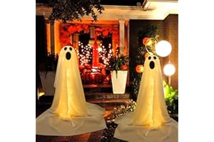 CCINEE 2pcs Halloween Lighted White Cloth Ghosts, Large Cute Light up Ghost Spooky Halloween Glowing Decor for Party Outdoor Lawn Yard Haunted House Decorations