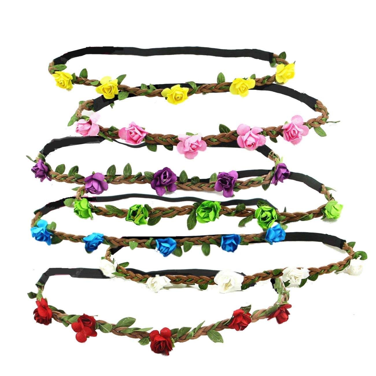 JZK® 7x Elastic Flower Headband for Kids & Adults - Multicolor Pink Set of 7 for Weddings, Parties & Carnivals