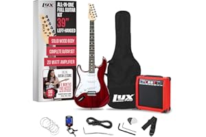 LyxPro Left Hand 39 Inch Electric Guitar and Starter Kit for Lefty Full Size Beginner’s Guitar, Amp, Six Strings, Two Picks, Shoulder Strap, Digital Clip On Tuner, Guitar Cable and Soft Case - Red