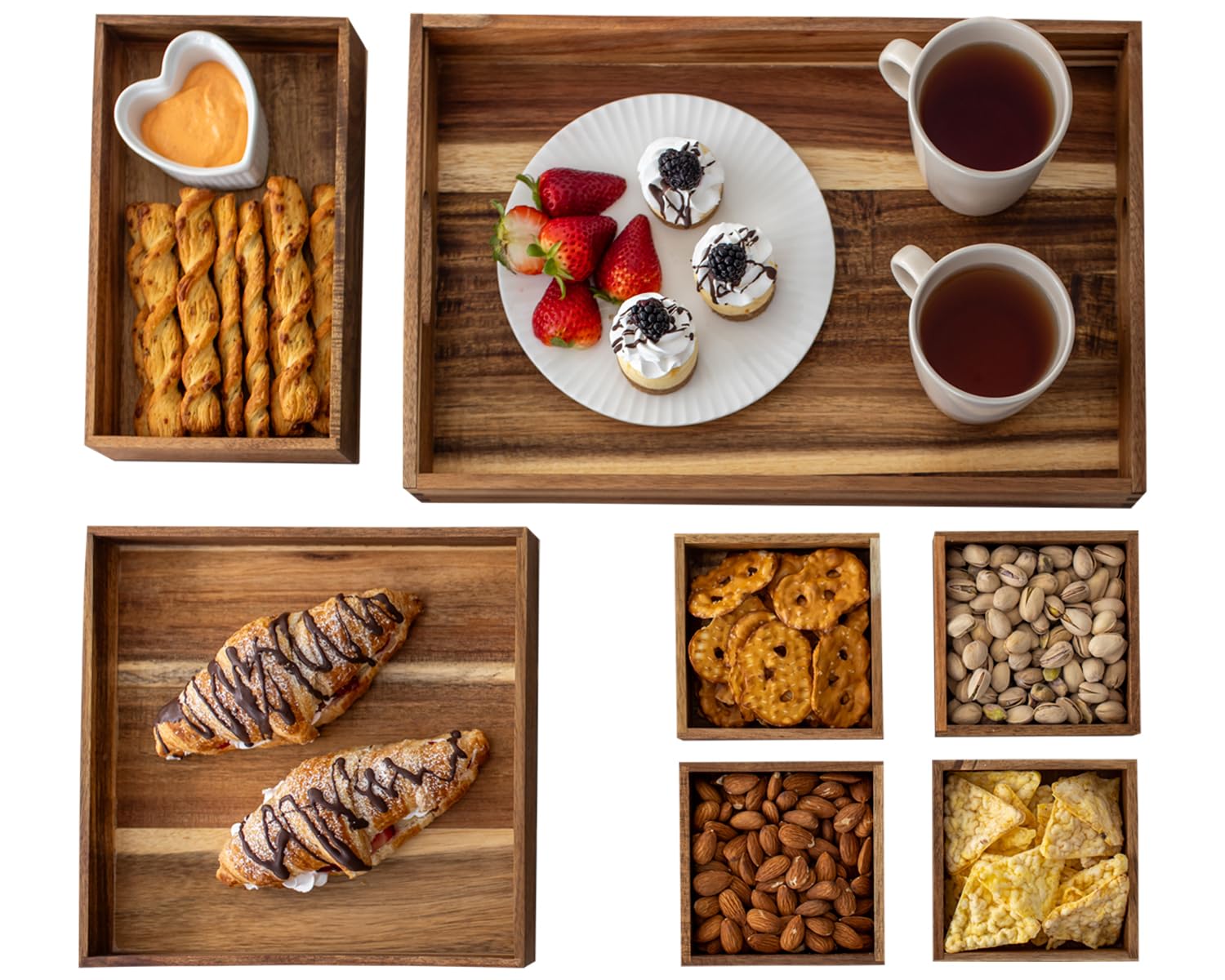 Photo 1 of 7-Piece Acacia Wood Tray Set, Varied Sizes – Elegant Serving Collection for Parties & Entertainment - Platters, Snacks, Nuts, Patio, Ottoman, Dinner or Coffee Table or Personal Organization