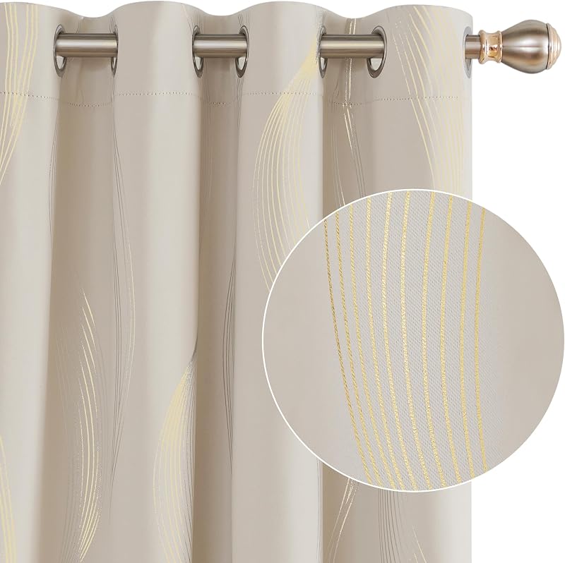 Deconovo Blackout Curtains Gold Wave Foil 52x84 Beige 2 Panels Thermal Insulated