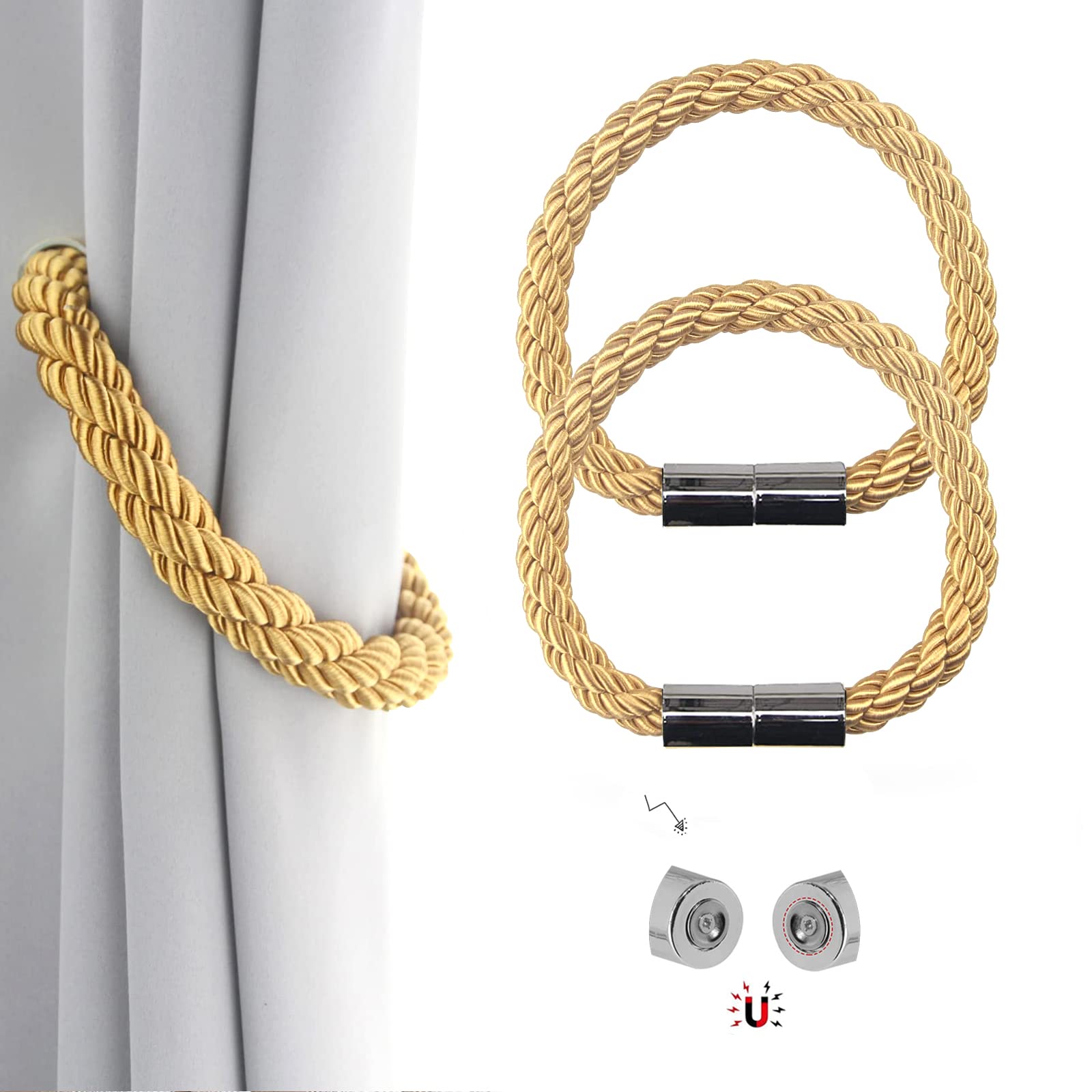 Magnetic Curtain Tie Backs, 2 Pack Braided Rope Curtain Holdbacks with Strong Magnet, 22 Inch Holder Decoration for Thin or Thick Home and Office Curtains, Gold — image 1
