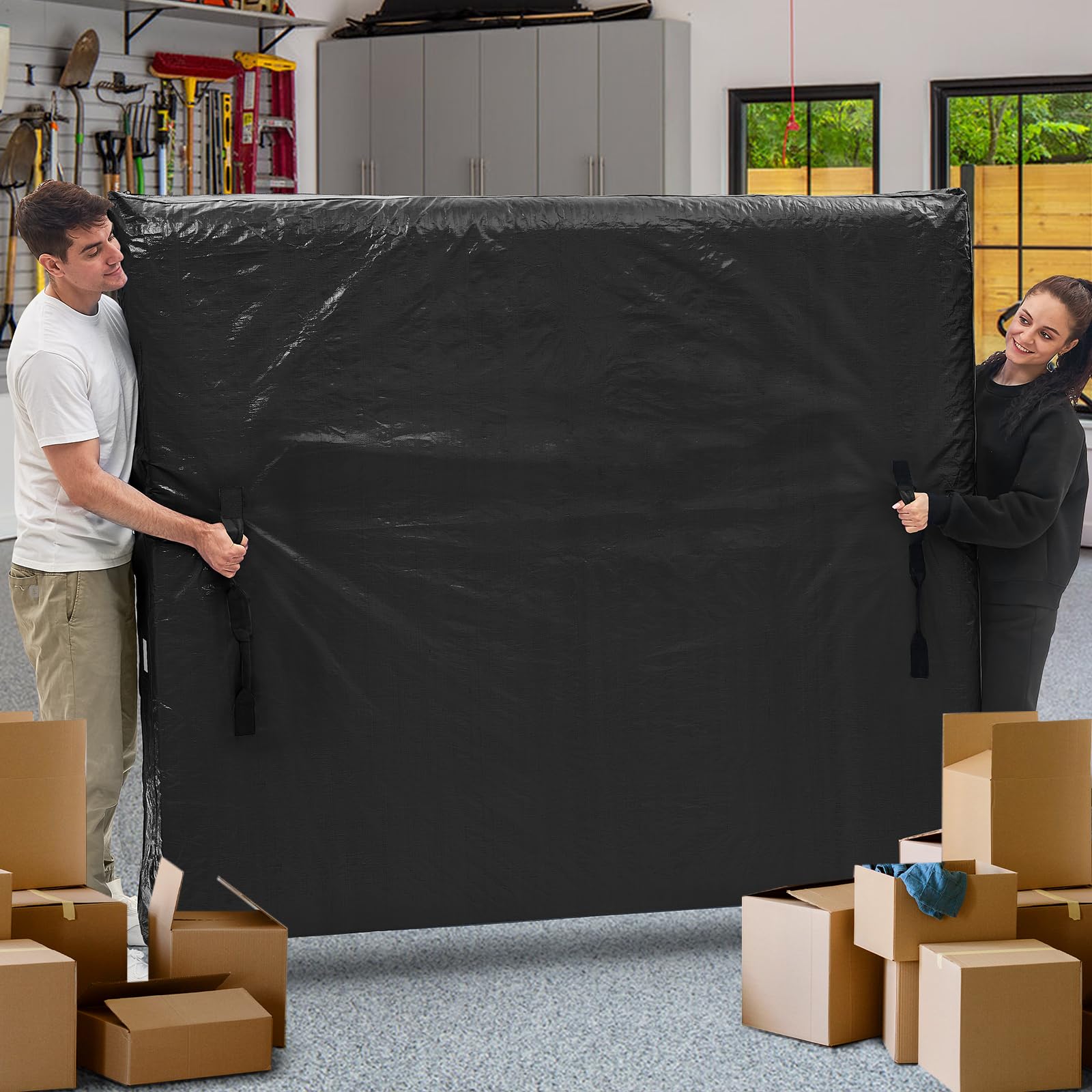 Mattress Bags for Moving and Storage, BETU Full Size Waterproof Mattress Protector Mattress Cover with 8 Heavy Duty Handles and Zipper Extra Thick Moving Supplies for Bed Reusable (77x57x13.5 Black) Image