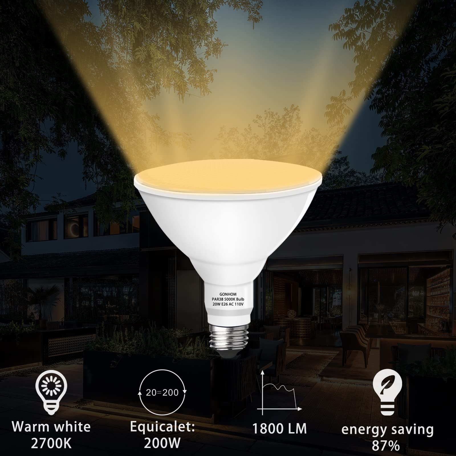 Par38 Outdoor LED Flood Light Bulb 2 Pack, Dimmable Soft White 2700K,20W Replace up to 200W, 1800LM, E26 Base Flood Light Bulbs for Backyard, Garage, Porch, Garden