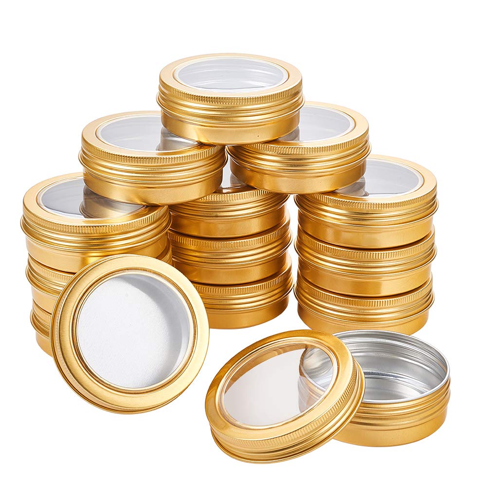 BENECREAT 14 Pcs 60ml Aluminum Tin Jars, Round Aluminum Tin Cans Cosmetic Containers with Clear Window Screw Lid for DIY Crafts Travel Storage-Gold