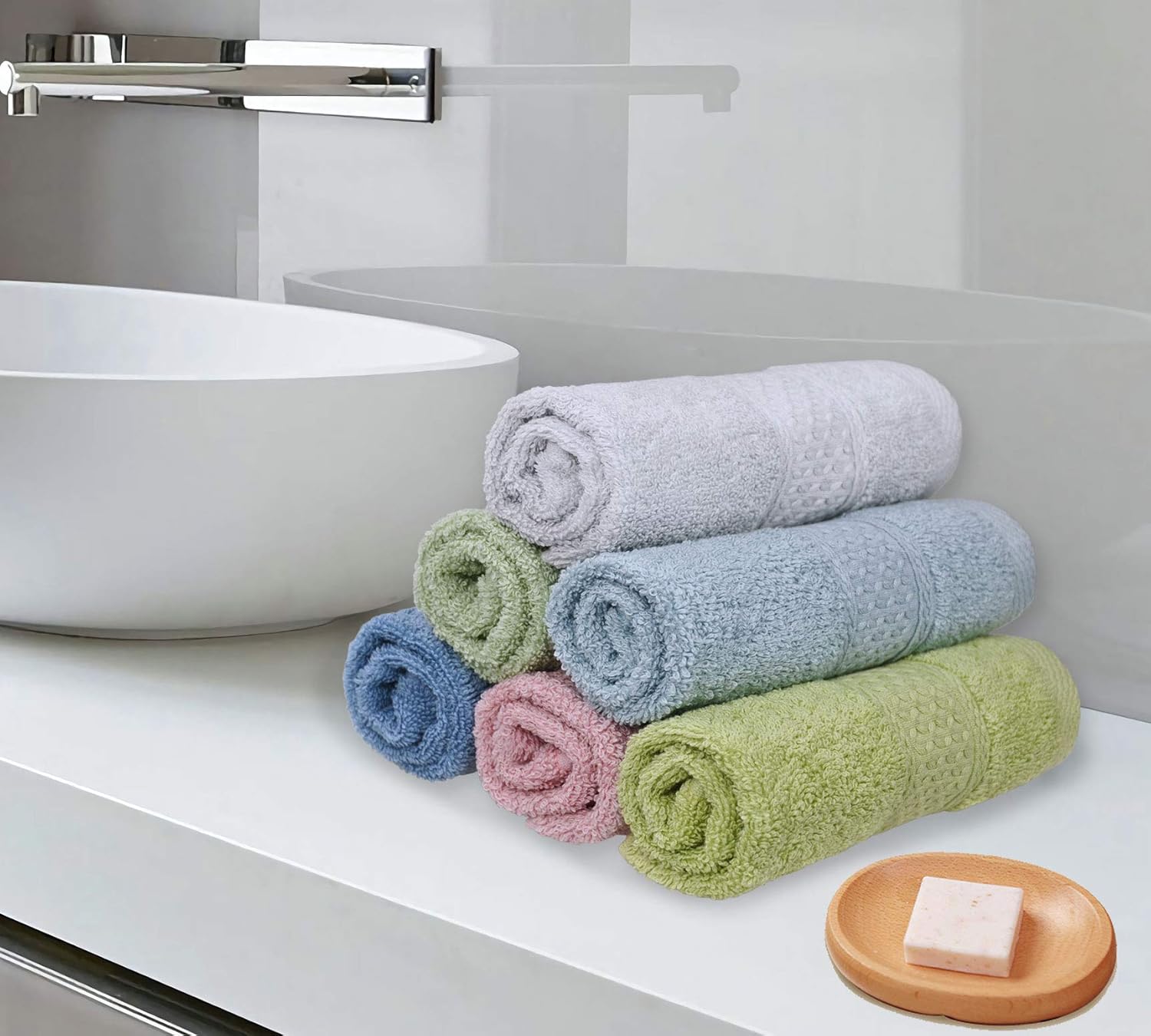 Cleanbear Pure Cotton Wash Cloths Face Cloths, 6 Colors per Set, 13 x 13 Inches (Light Blue, Jade Green, Light Green, Grey, Light Grey, Pink): Kitchen & Dining