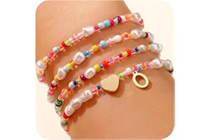JIAOGE Christmas Gifts for Teen Girls Kids - 4PCS Gold Stretchable Boho Colorful Beaded Pearl Heart Initial Bracelets for Women Teen Girl Gifts Trendy Stuff Cute Stackable Kids Jewelry Birthday Gifts
