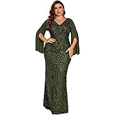 Plus Size Long Glitter Mermaid Dress for Mother of The Bride Women's Long Sleeve V-Neck Sequin Formal Gown