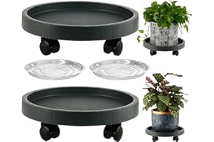 KvyusFlourish 2 Packs 13 Inch Resin Plant Caddy with Clear Saucer Rolling Plant Stand with Wheels Plant Dolly Outdoor Big Flower Stand Plant Pot Saucers, Grey