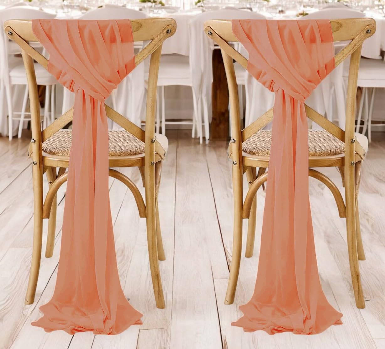 Photo 1 of MDS Halloween Chiffon Chair Sashes - 50 Pack Bows Tie-Back Bands for Spooky Parties, Haunted Banquets, Witchy Wedding, Trick & Treat Event Themed Décor, Fits Banquet Chair Covers - Coral Peach