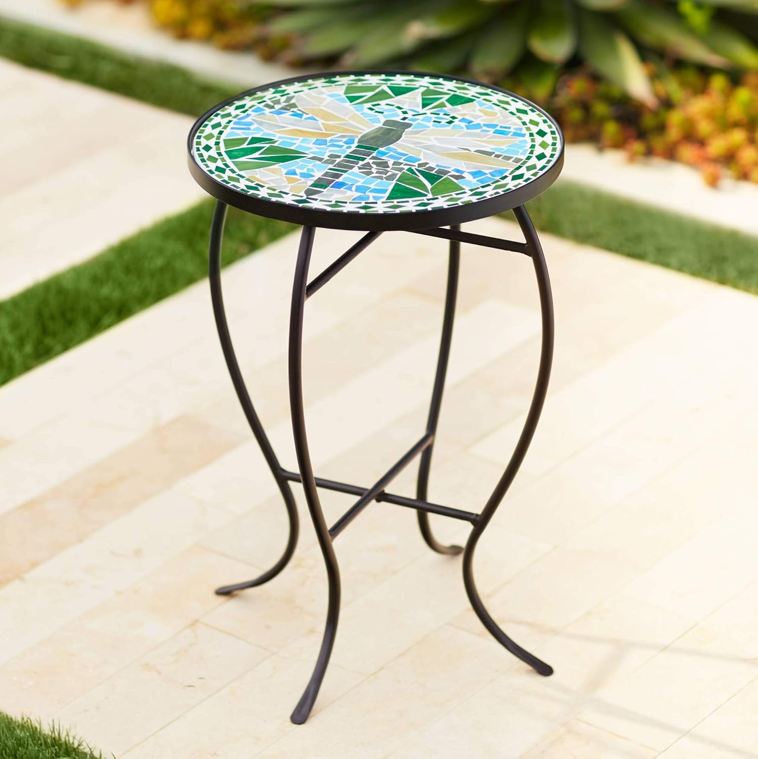 Teal Island Designs Dragonfly Mosaic Black Iron Outdoor Accent Table: Home Improvement