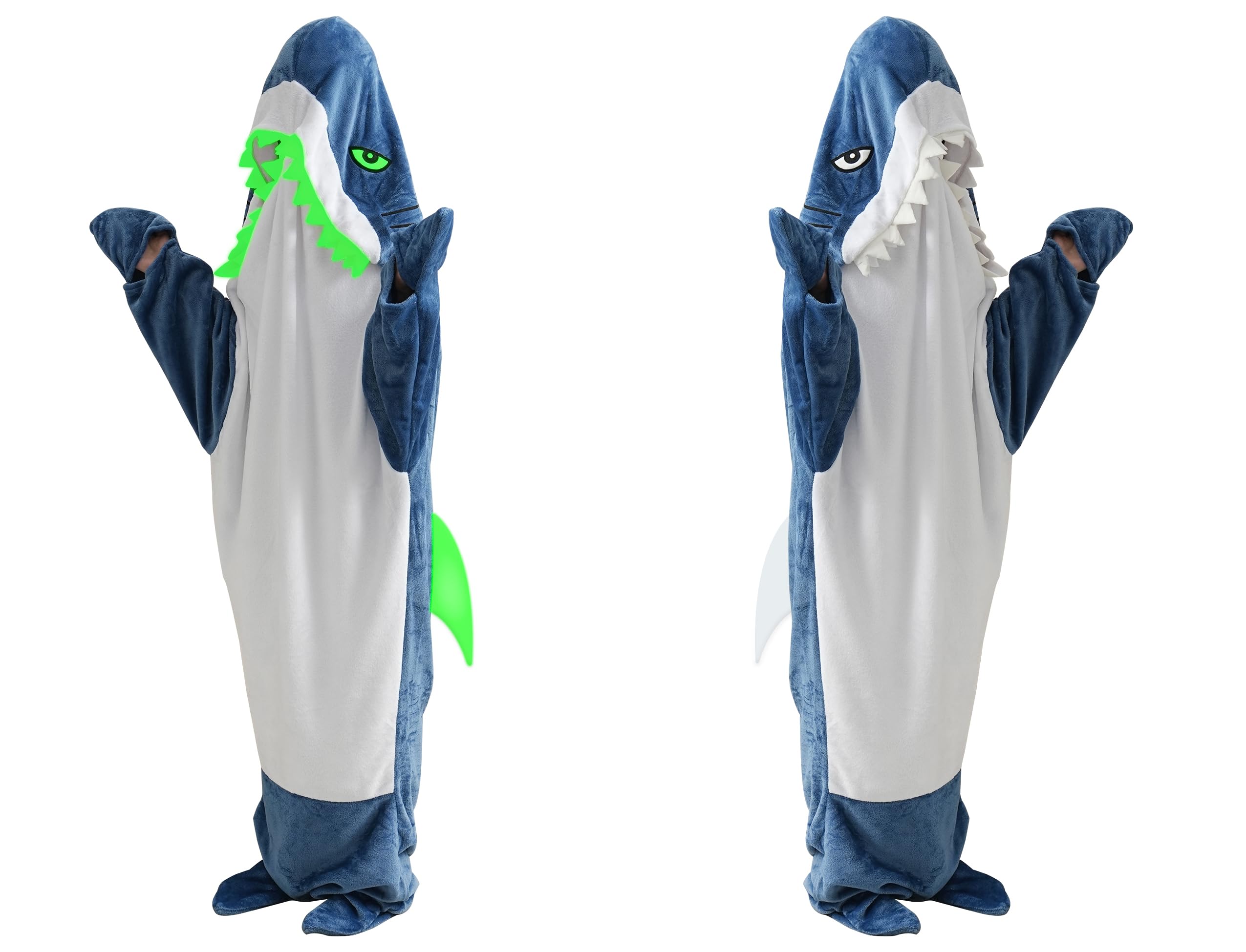 Photo 1 of Glow in The Dark Shark Blanket Onesie Hoodie with Teeth, Eyes & Fins - Super Soft Flannel Wearable Shark Costume for White Elephant Gift Exchange Party (Blue, S)