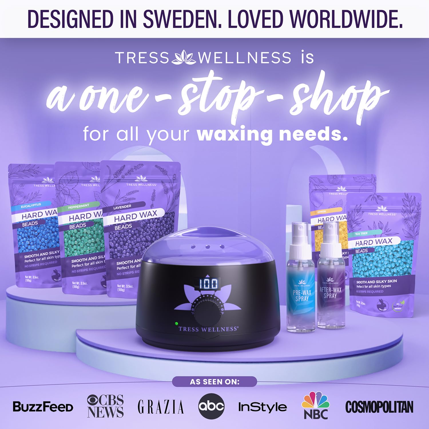 Tress Wellness Waxing Kit for Sensitive Skin, Safe for Face & Skin, Prep & Aftercare Spray, Easy to Use, At-Home Kit for Face, Bikini, Brazilian & Full Body - Digital Display, Black Purple Flower