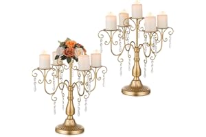 Sziqiqi Gold Candelabra Candle Holder - 5 Arm Pillar Candle Holders with Crystal Beads for Christmas Table Centerpiece Halloween Wedding Candleholders Decoration Set of 2