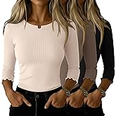 Huukeay 3 Pack Women’s 3/4 Sleeve Tops, Ribbed Knit Cotton Slim Fitted Crew Neck Shirts Stretchy Casual Basic Tight Top