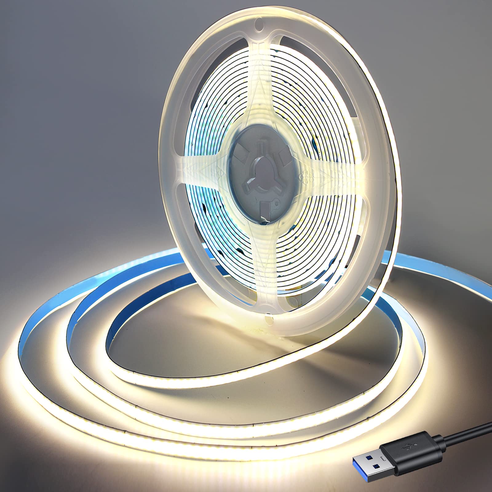 RYE USB Powered 5V COB LED Strip Light, 1.5M*320LEDs/M Nature White 4000K Soft Dotless Tape Light for TV/Monitor/Under Cabinet Kitchen/Wardrobe/Stairs Step Background Ambient DIY Lighting[Strip ONLY]