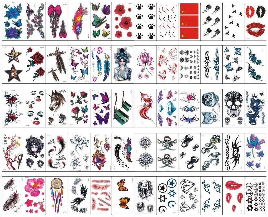 60 Sheets Colourful Temporary Tattoo Stickers Various Designs Removable Waterproof Temporary Tattoos Body Art Sticker Sheet Paper (Red Lips, Butterflies, Skeletons, Feathers, Flowers, Diamonds Etc.)