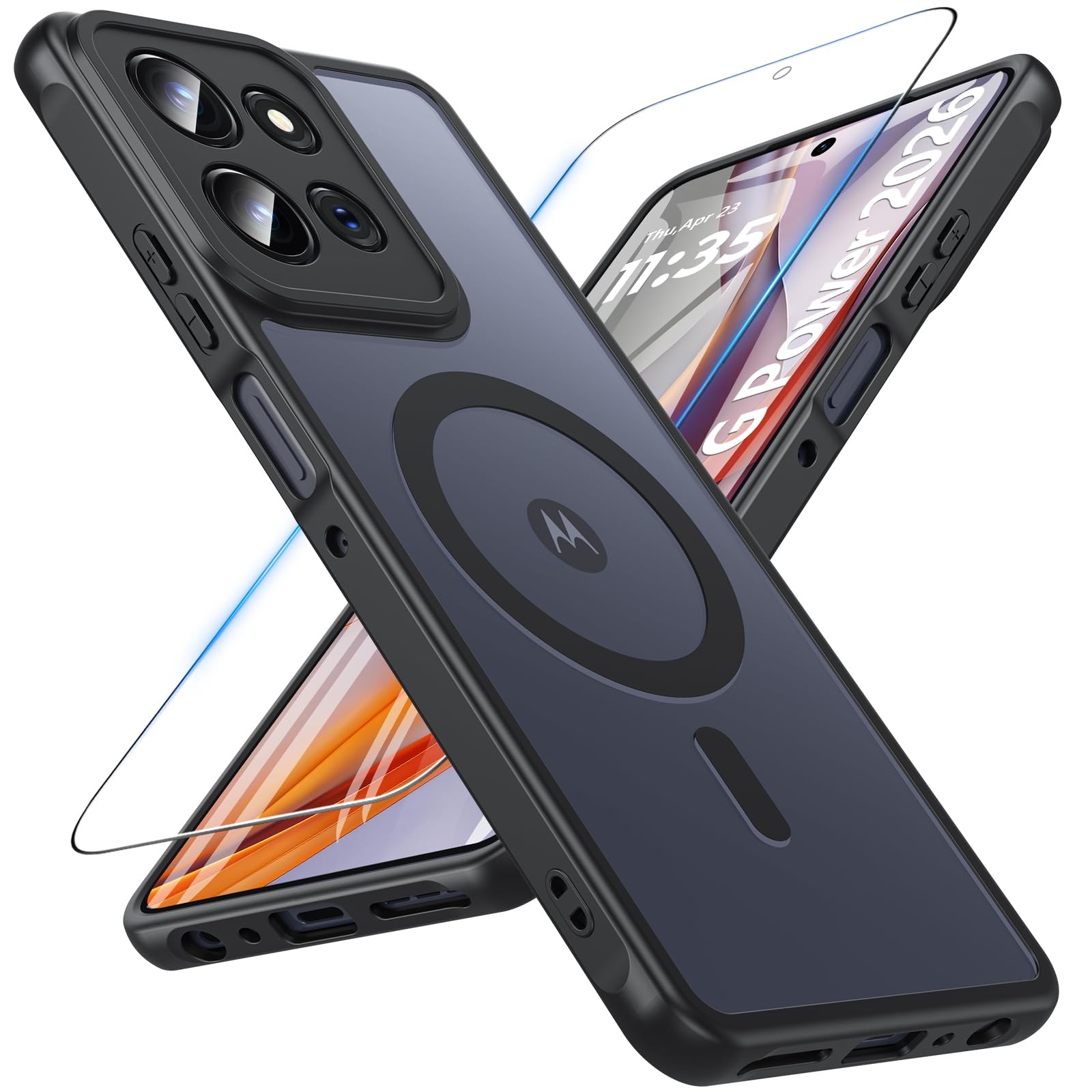 WakongHK Moto G Power 2026 Case Magnetic, Motorola Moto G Power 2026/2025 Phone Case with Screen Protector [Magnet Fit] Full Camera Protection Military Grade Matte Translucent Shockproof Cover,Black