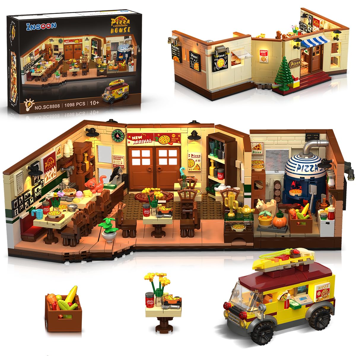 Photo 1 of INSOON City Street Pizza Restaurant Building Set with Light, 1098PCS Pizzeria House Architecture Model with Retro Pizza Van, Home Decor Construction Building Block Gift for Adults Teens Boys Girls 12+