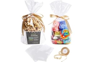 GIFTVEST 8"x 11" - 50PCS Flat Bottom Clear Cellophane Treat Bags with Golden Satin Ribbon | Goodie Bags for Gift Wrapping, Desserts, Candies, Cookies, Party Favors & Food Storage