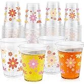 ABURRORI 50 Pcs 12OZ Groovy Plastic cups, Boho Daisy Flower Party Decorations Disposable Retro Hippie Clear Plastic Cups Juice Soda Beverage Holiday Party Favors For Birthday Themed Supplies