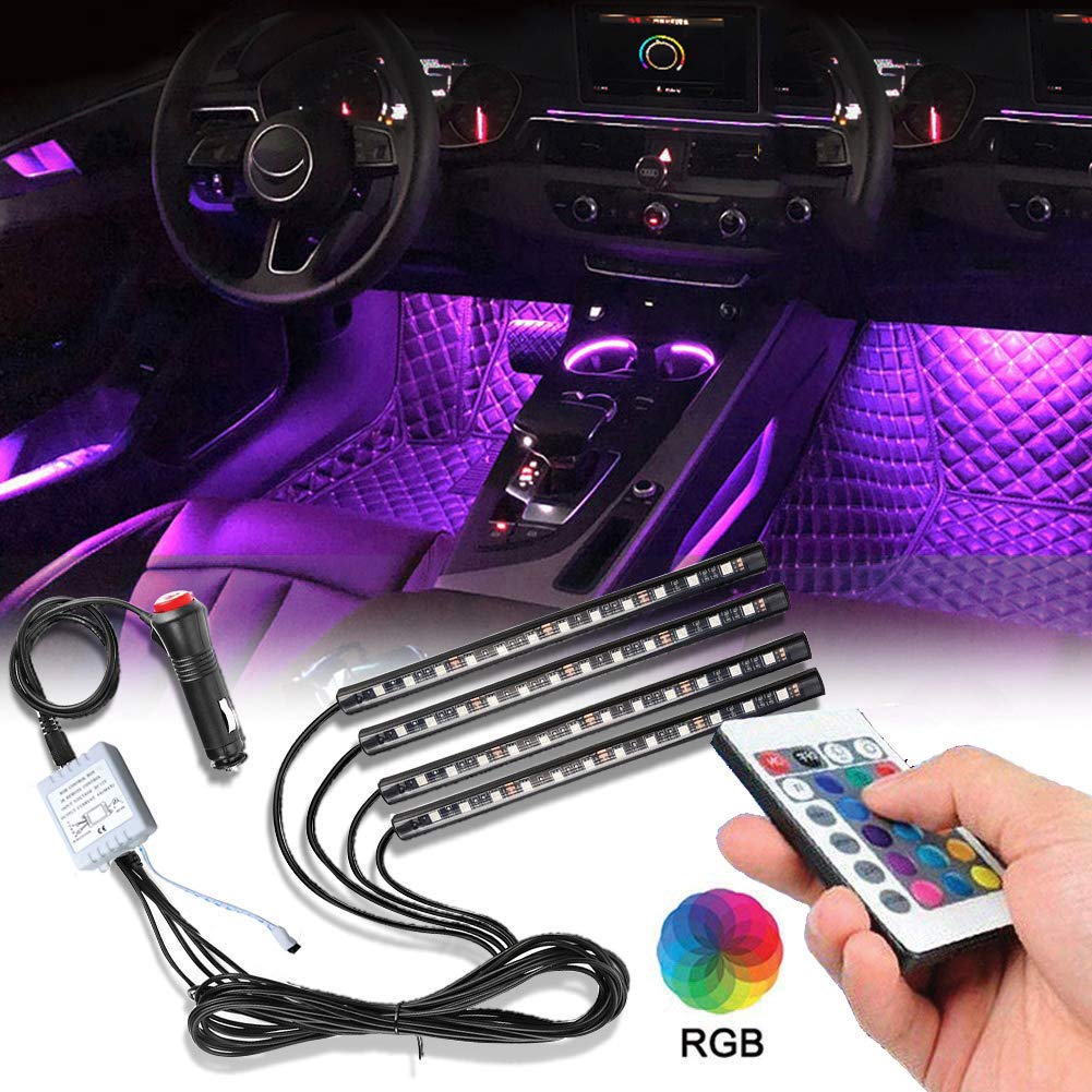 sunva Car Interior Lights 4Pcs 48 LED Car Floor Atmosphere Glow Neon Lights Multi-Color Music Car LED Strip Lights Under Dash Lighting Wireless Remote Control DC12V