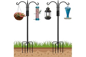 STAUKOK Double Shepherds Hooks for Outdoor, 2 Pack 74 Inch New Version Bird Feeder Pole with 5 Prongs Base, Heavy Duty Garden Hook for Hanging Plant, Lantern, Hummingbird Feeder