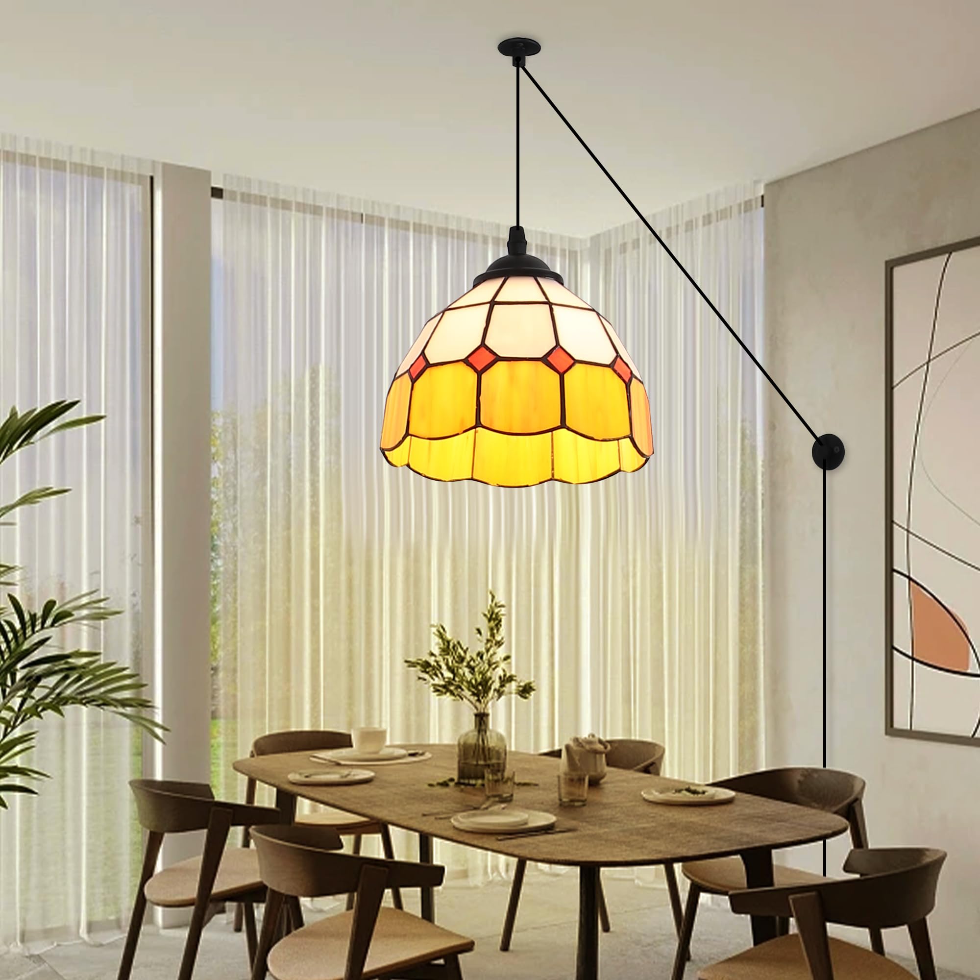 SUNLLOK Modern Tiffany Glass Pendant Light, Adjustable Height Plug in Chandelier Ceiling Lamp Fixture, Indoor Dome Shade Hanging Lanp Decoration for Living Room Restaurant Hallway (Orange)