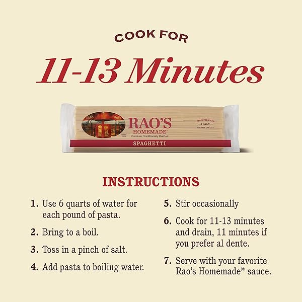 RAO’S HOMEMADE SPAGHETTI PASTA, 16OZ, TRADITIONALLY CRAFTED, PREMIUM QUALITY, FROM DURUM SEMOLINA FLOUR, TRADITIONAL BRONZE DIE CUT, IMPORTED FROM ITALY