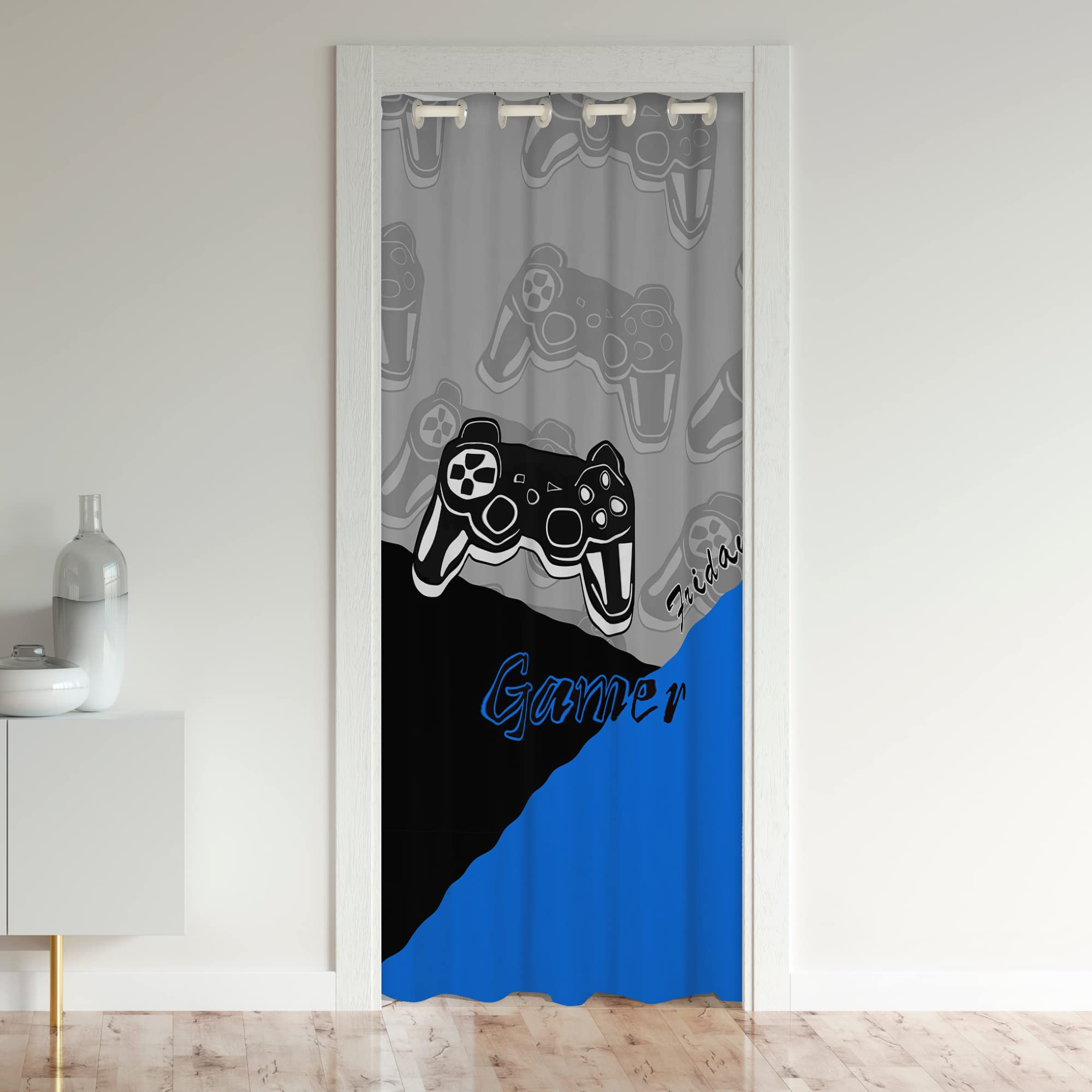 Loussiesd Gamer Door Curtain for Doorway Privacy Gaming Closet Door Cover Curtain for Bedroom Living Room Game Room Decor Blue Black Room Divider Curtain Cover 86x203cm 1 Panel