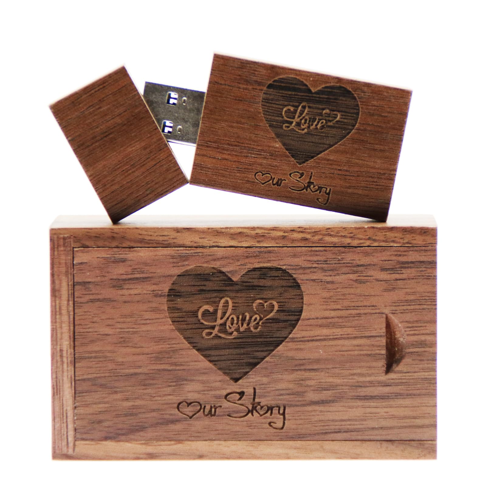 64GB Wooden USB Flash Drive & USB Box with "LOVE" & "Our Story" Engraving Design for Wedding/Bride&Groom/Parents/Photographer (Walnut, 64GB USB3.0)