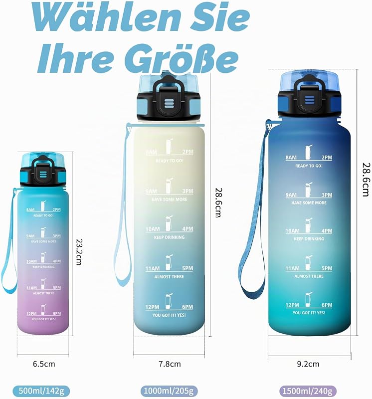 Trinkflasche 500ml, Motivierende Trinkflasche mit Zeitmarkierung, Auslaufsicher, Wasserflasche mit Filte, Kohlensäure Geeignet, Sport Wasserflasche für Radfahren, Schule