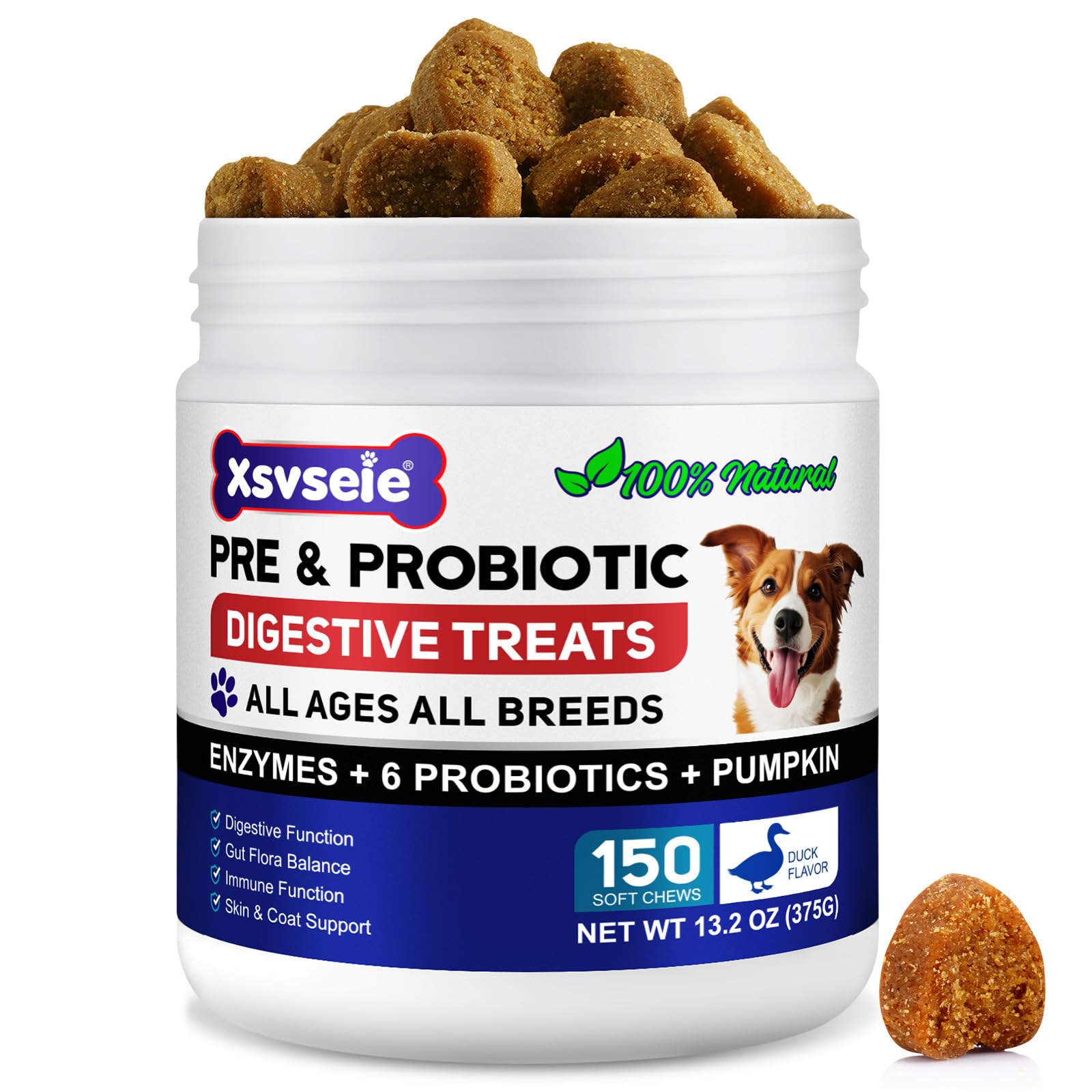 Dog Probiotic Chews 150 Soft Treats with Prebiotics & Enzymes | Gut Balance, Tummy Comfort & Everyday Vitality | Duck Flavour
