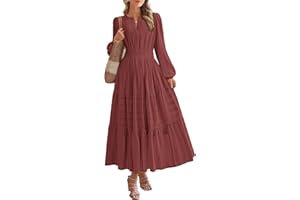 BTFBM Fall Dresses for Women 2025 Casual Long Sleeve V Neck Elastic Waist Lightweight Maxi Wedding Guest Dress Pockets
