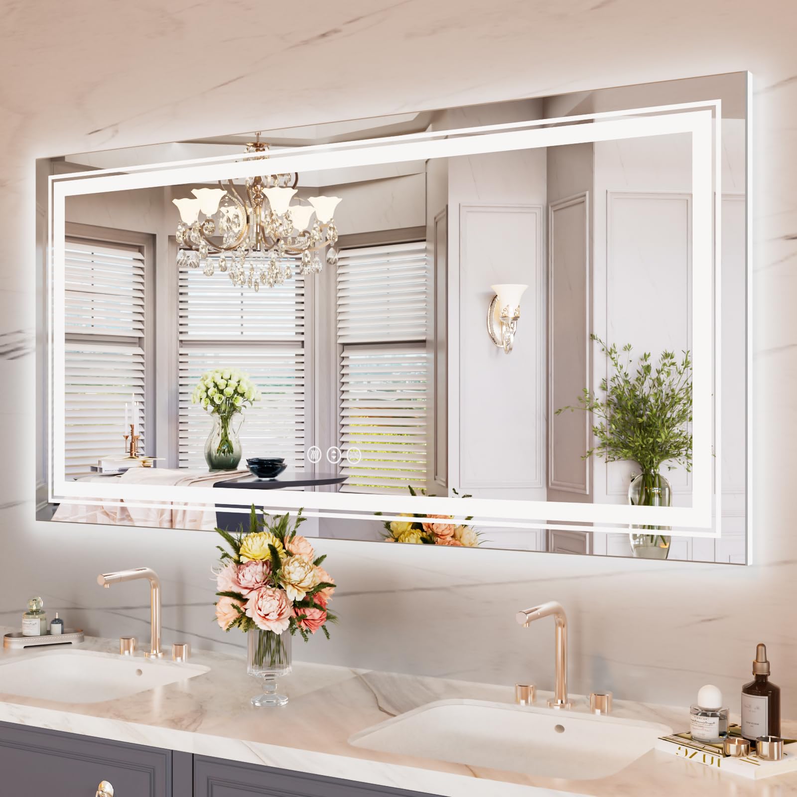 Photo 1 of WTTY 60"x30" LED Bathroom Mirror with Lights, Backlit and Front Lighted Bathroom Vanity Mirrors Wall Mounted, Double LED Vanity Wall Mirror for Bathroom with Anti-Fog, Dimmable, Memory, Shatter-Proof