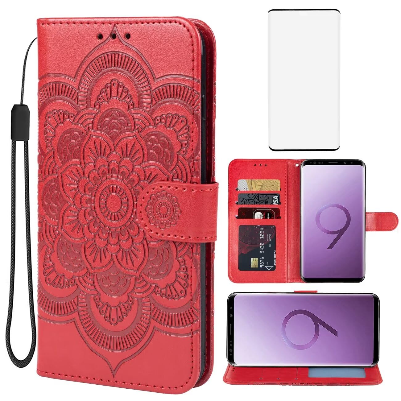 Photo 1 of Bohefo Case for Galaxy S9 Plus/Samsung S9+ G965U Wallet Case with Tempered Glass Screen Protector, Embossed Mandala Leather Flip Credit Card Holder Stand Phone Cover for Samsung Galaxy S9 + Red
