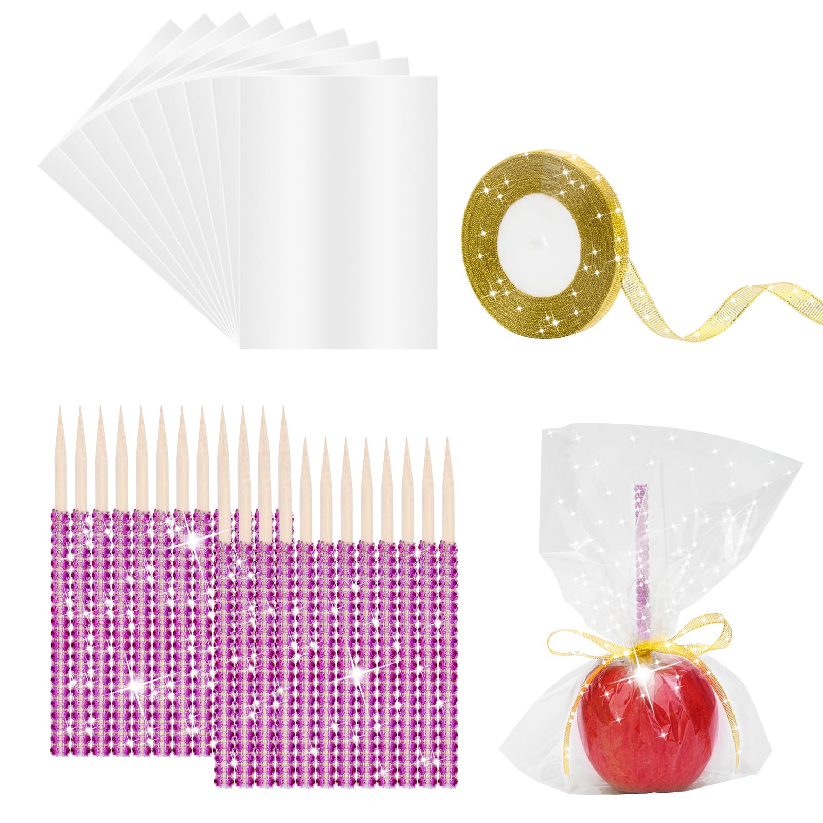 Photo 1 of 24 Pack Glitter Bling Candy Apple Sticks and Bags, Coldairsoap Candy Apple Making Kit Including Caramel Apple Sticks with Glitter Ribbon and Chocolate Apple Packaging Bags for Party Supplies-Rose red
