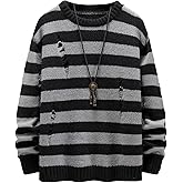SHENHE Men's Striped Pattern Knit Pullover Ripped Drop Shoulder Sweater