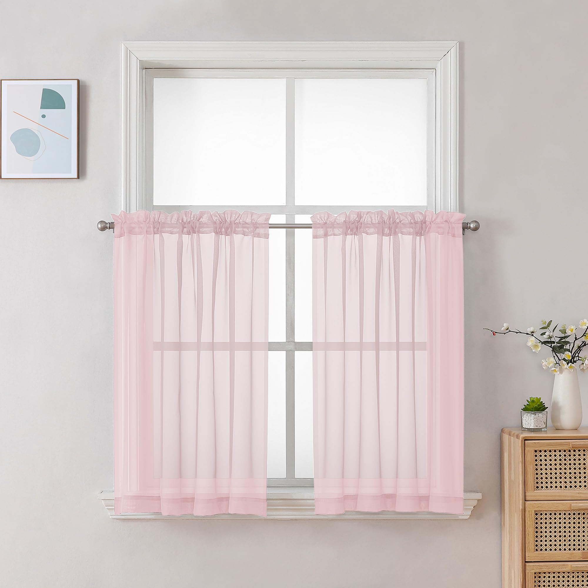 Photo 1 of **PINK BUT NOT SHEER** Chyhomenyc Curtains 24 Inch Length, Small Window Curtains for Bathroom Living Room Basement, Voile Short Rod Pocket Curtain Tiers, 42in Wx 24in L, 2 PCS, Blush Pink