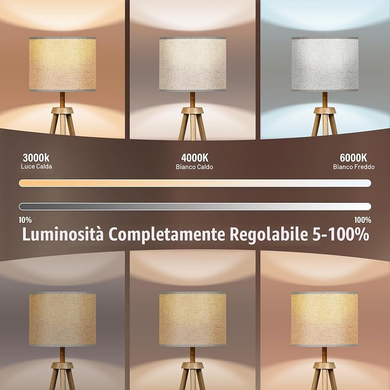 Lampada da Terra Treppiede in Legno Lampade da Terra Dimmerabile con E27 12W Lampadina 3 Colori Dimmerabili 3000K-6000K Piantana da Salotto con Telecomando per Soggiorno Camera Ufficio