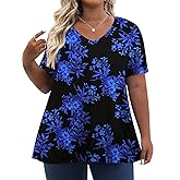 Tencede Womens Plus Size Tops Short Sleeve Tunic Shirts V Neck Summer Floral Loose Fit Blouse XL-5X