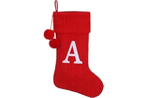 Pxniy Personalized Christmas Stocking 19 Inch - Red Cable Knit with Monogram Embroidery & Pom Poms, Family Fireplace Hanger for Holiday Decor, Red Letter A