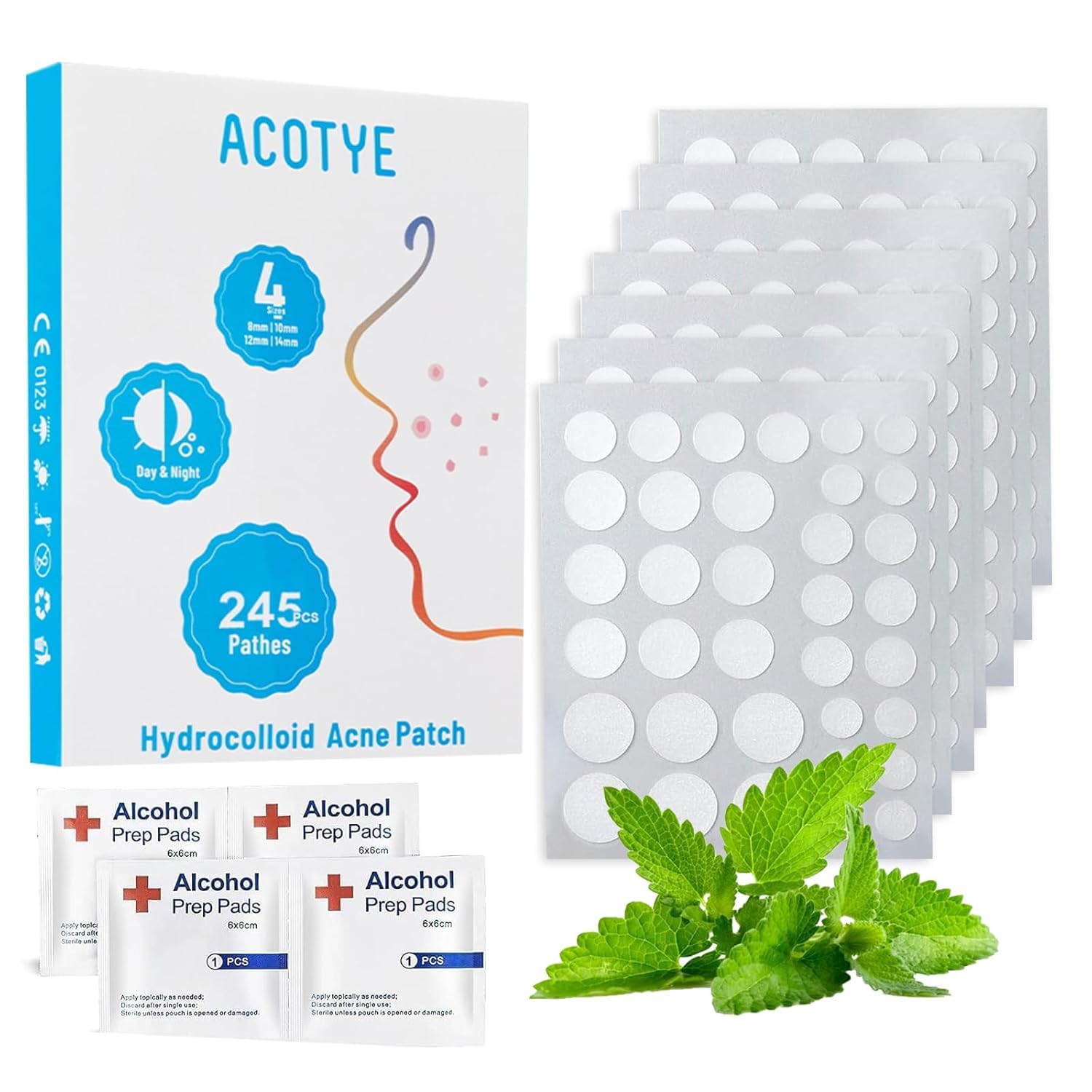 ACOTYE Pimple Patches Spot Patches 245pcs Salicylic Acid, Tea Tree Oil, Day and Night, 4 Sizes for All Skin Types