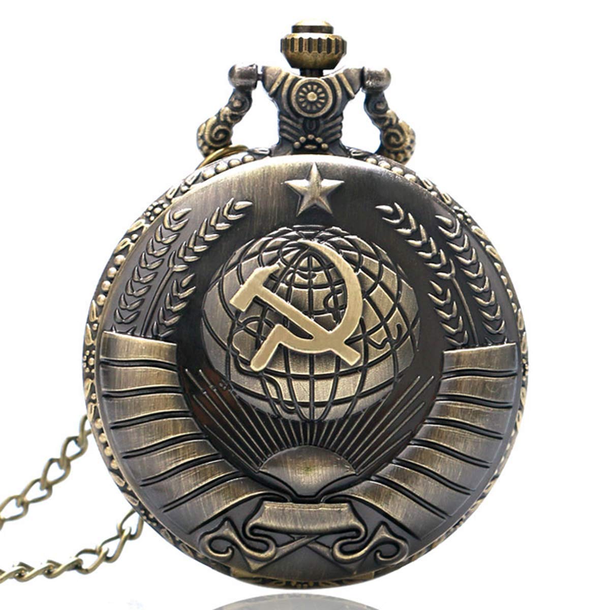 CokinkiDs Soviet Sickle Hammer Style Vintage Style Quartz Pocket Watch Necklace Bronze Pendant Pocket Watch with Chain for Men Xmas Gift - 1.8" Dial