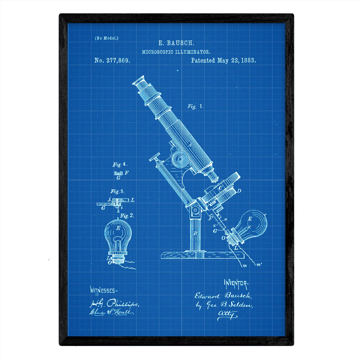 Nacnic Patent Poster with light microscopy. Sheet with old design patent A3 size with blue background