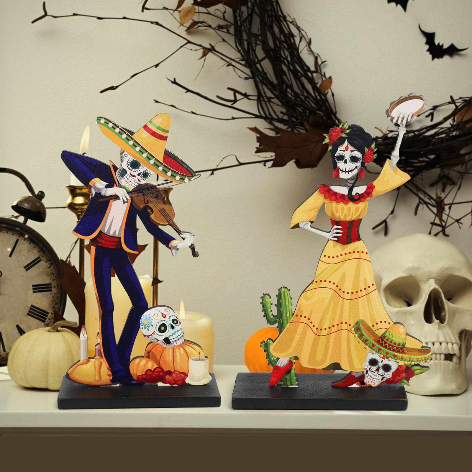 Strdfeve 4 Pieces Day of The Dead Table Top Decorations Wooden Halloween Sign for Mexican Fiesta Decorations,Dia De Los Muertos Centerpieces for Table