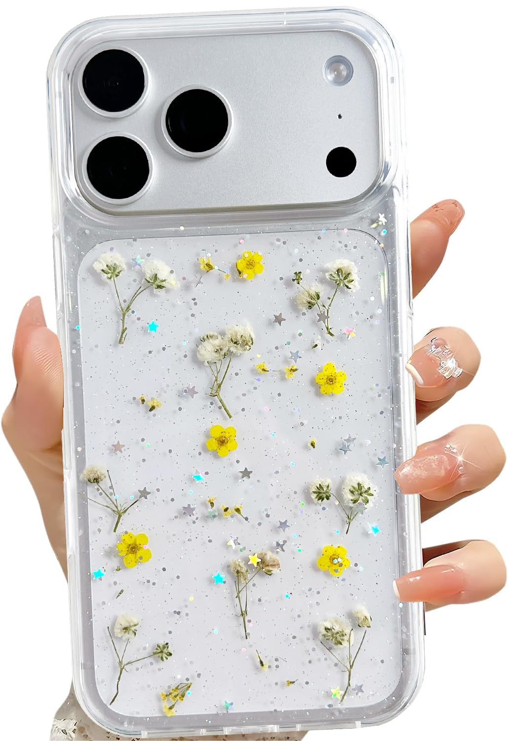 LSEEKA for iPhone 17 Pro Max Clear Case with Pressed Real Flowers Design,Glitter Cute Yellow Floral Pattern Slim Soft TPU Protective Women Girl's Phone Cover for iPhone 17 Pro Max