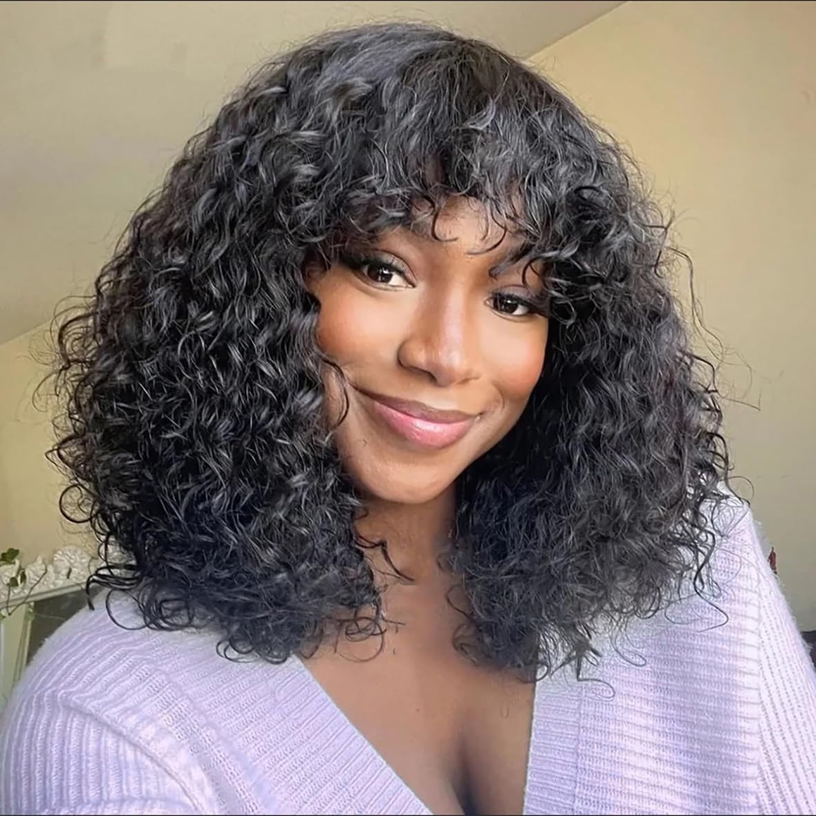 Photo 1 of Curly Wig Human Hair with Bangs Shaggy Wig Water Wave Human Hair Wig Afro Curly Wigs for Black Women None Lace Front Glueless Short Kinky Curly Bob Wigs Brazilian Wigs Human Hair 200 Density (1B, 14")