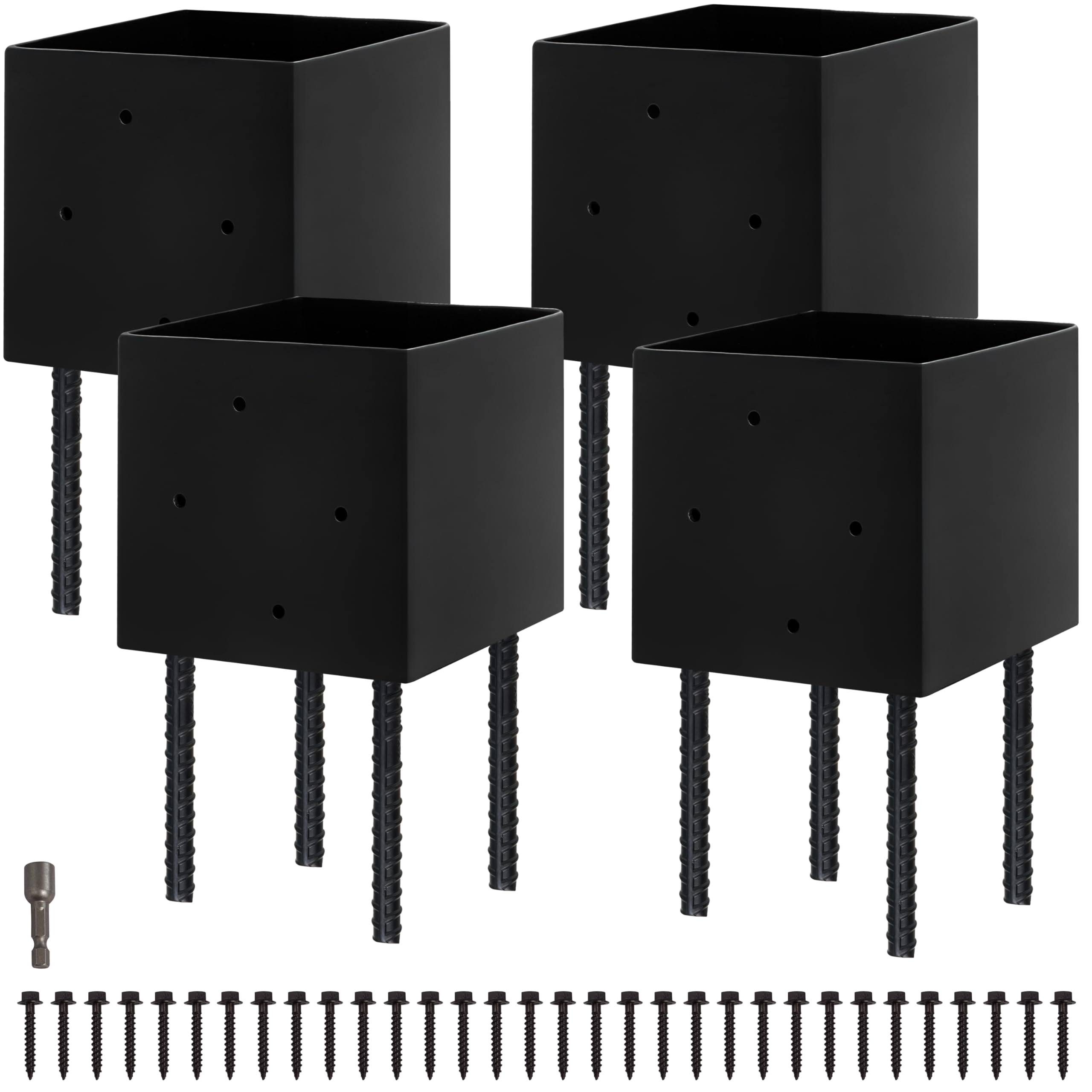 Photo 1 of LADECH 6x6 Fence Post Holder Ground Spike Use for Concrete Deck - Post Anchor Metal Black Powder Coated 6 Inches x 6 Inches (Fit 5.5"x5.5" Wood Post) 4 Pack